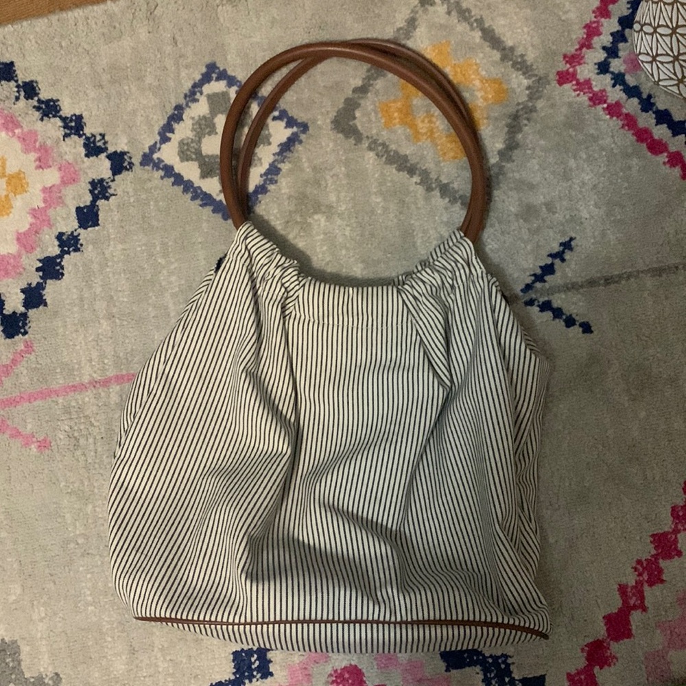 Mark & Graham Navy Striped Tote with Brown Handles